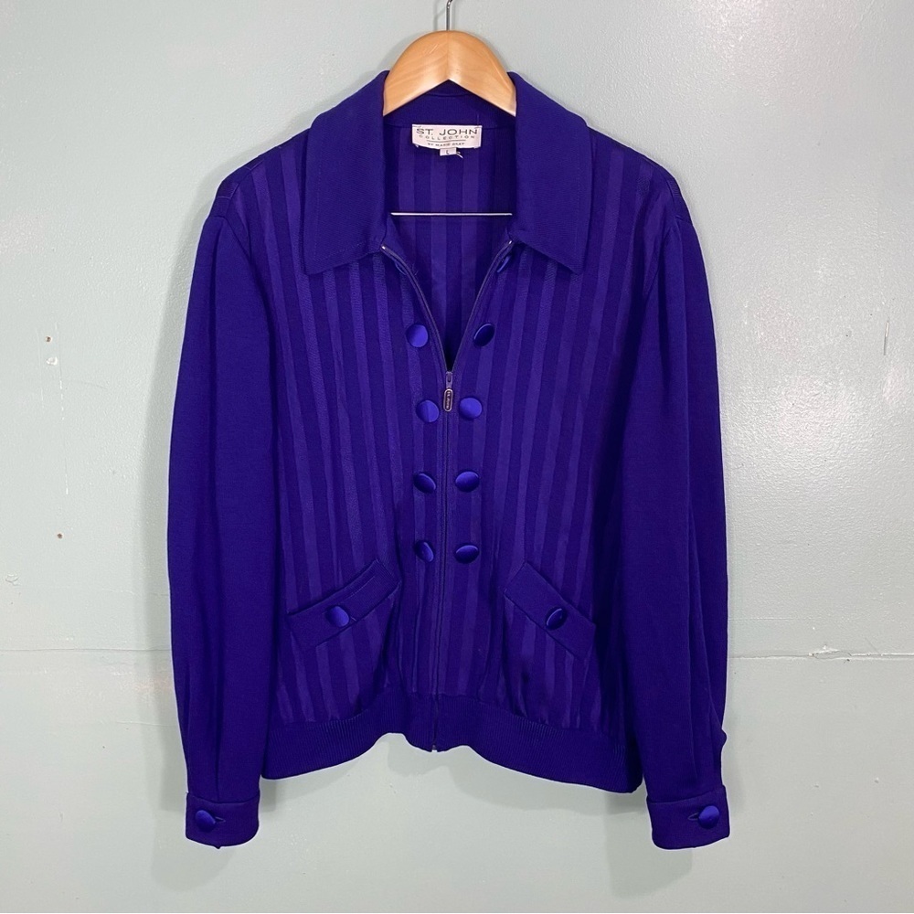 St John Pinstripe Striped Zip Up Jacket Purple Sz L Back Crest Shield Embroidery